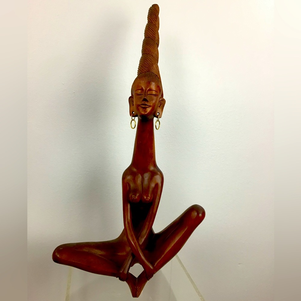 Vintage Large Statue Hand Carved African Lady seated zen position gold earrings